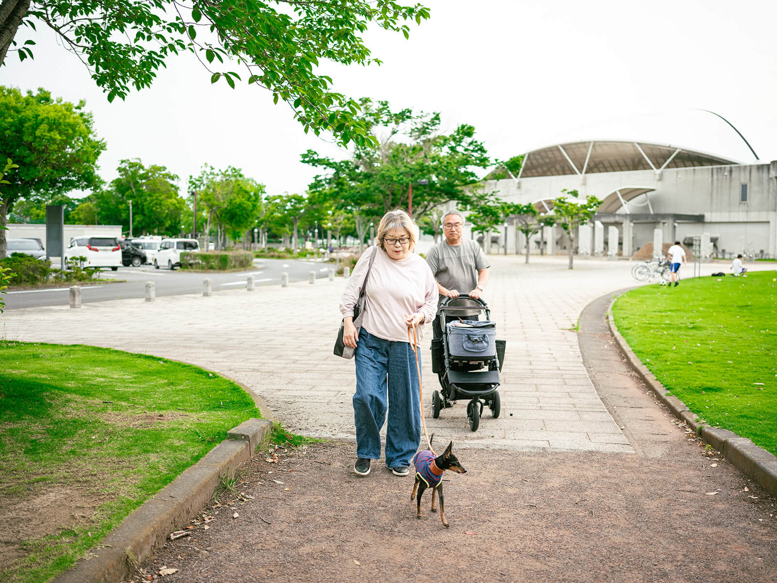 犬用キャリーとリードで愛犬の散歩をする夫婦